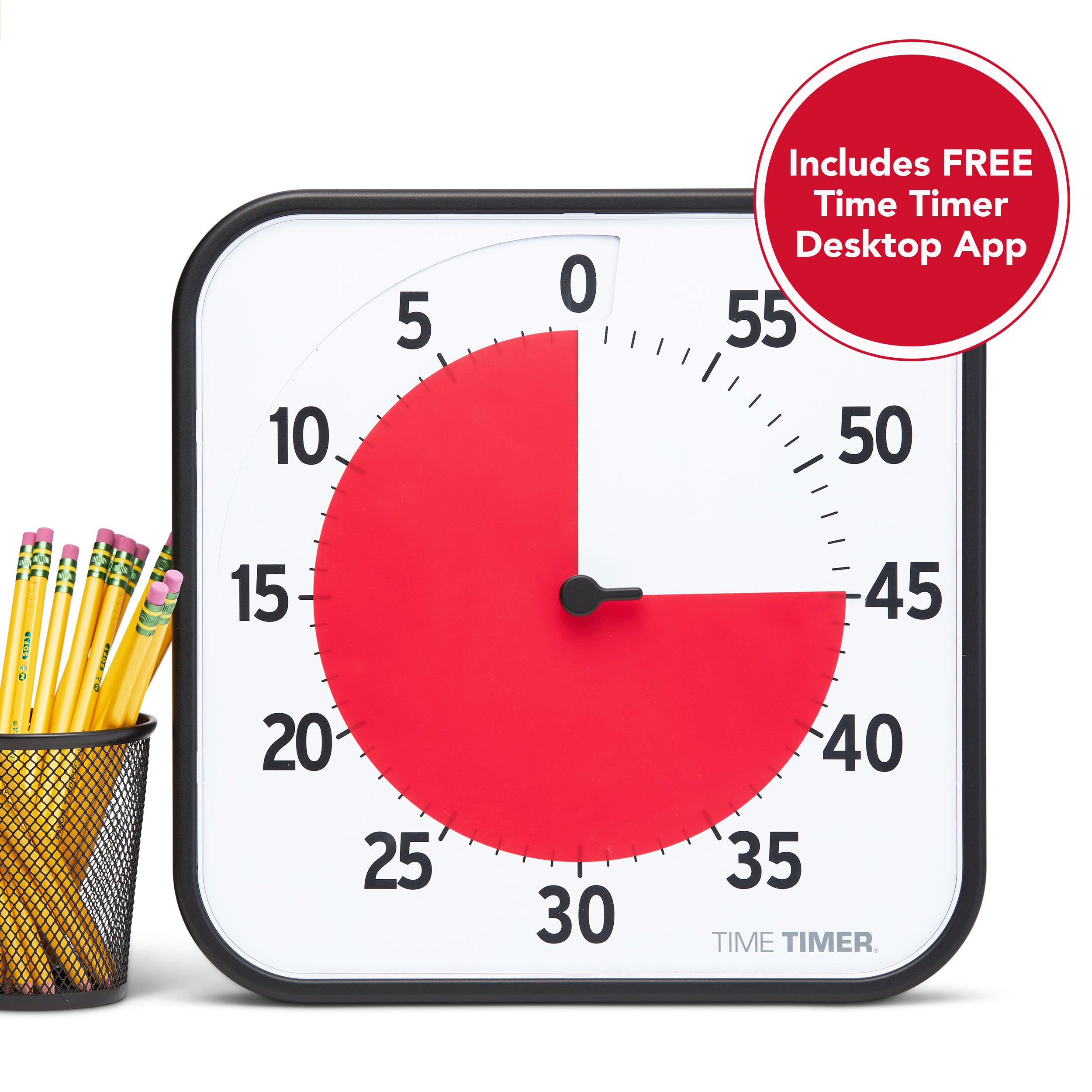 The Time Timer Original 12" - a large visual timer shown next to a pencil holder. It is twice as tall as the pencils. The 60 minute visual timer includes a FREE Time Timer Desktop App as stated in the graphic.