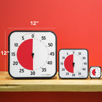 The Time Timer Original 12 inch is shown next to the Time Timer Original 8" and the Time Timer Original 3" to showcase its large size in the Time Timer original family of 60-minute visual timers.