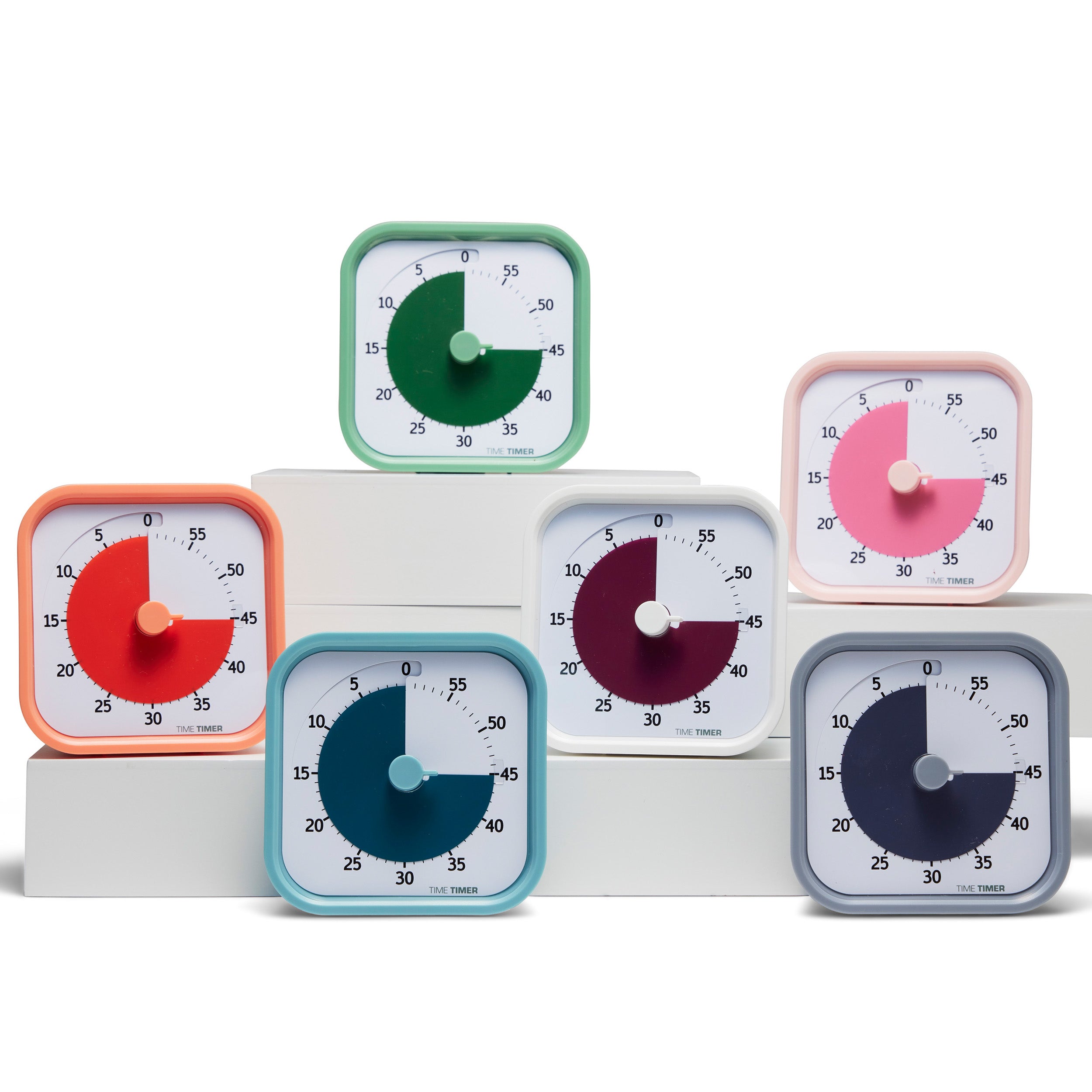 Time Timer MOD - Home Edition - a collection of 6 visual timers in trendy colors. Colors include Dreamsicle Orange, Lake Day Blue, Cotton Ball White, Pale Shale Grey, Peony Pink and Fern Green..