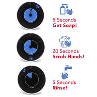 The Time Timer WASH visual timer for handwashing breaks handwashing steps into 3 simple segments. First, 5 seconds for getting soap. Second, 20 seconds for scrubbing (as recommended by the CDC - Center for Disease Control and the WHO World Health Organization. Lastly, 5 more seconds to rinse. 30 seconds in total.   